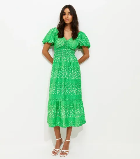 Green Crepe Ditsy Puff Sleeve Shirred Waist Midi Dress
