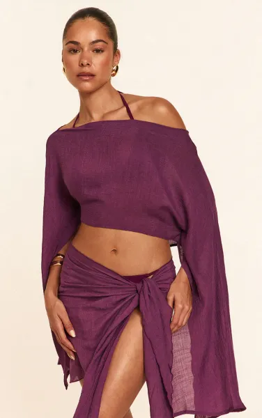 Purple Linen Look Drape Shoulder Top