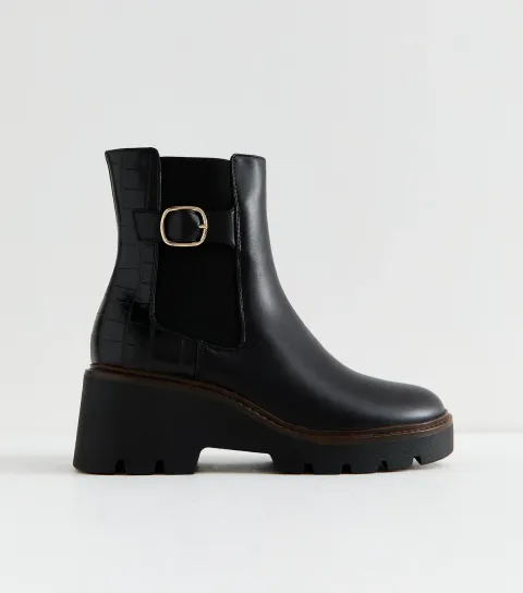 Black Faux Leather Wedge Chelsea Boots Vegan