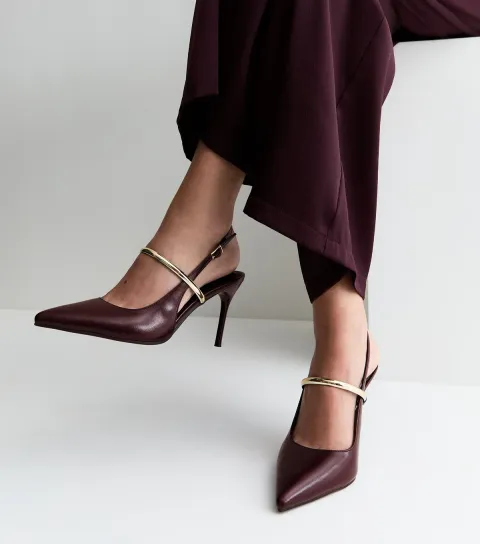 Dark Burgundy Faux Leather Metallic Strap Slingback Pumps Vegan