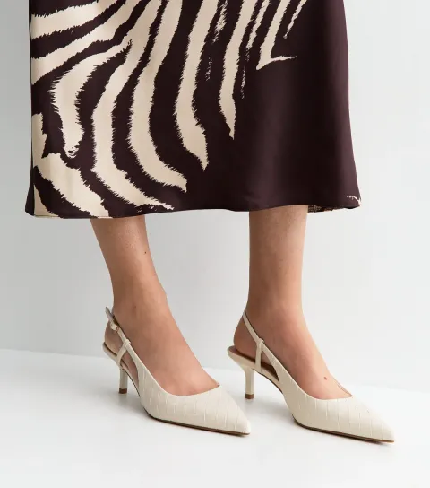 Off White Faux Leather Woven Slingback Court Shoes Vegan