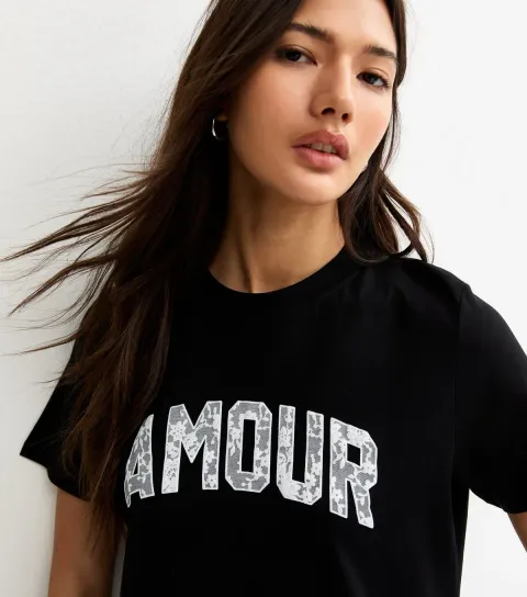 Black Amour Lace Text T-Shirt