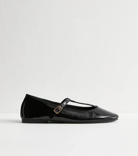 Black Patent Faux Leather T Bar Mary Jane Flats Vegan