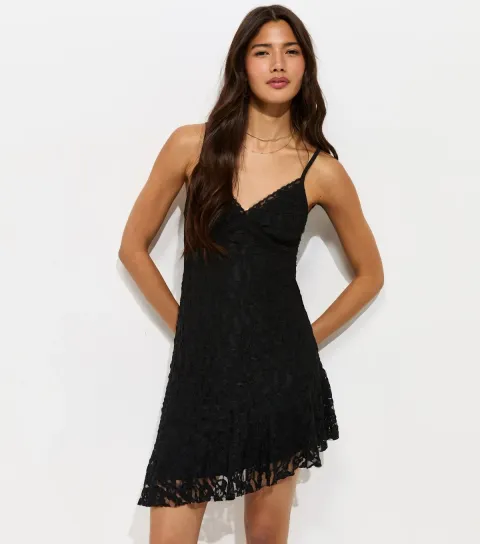 Black Lace Asymmetric Mini Dress