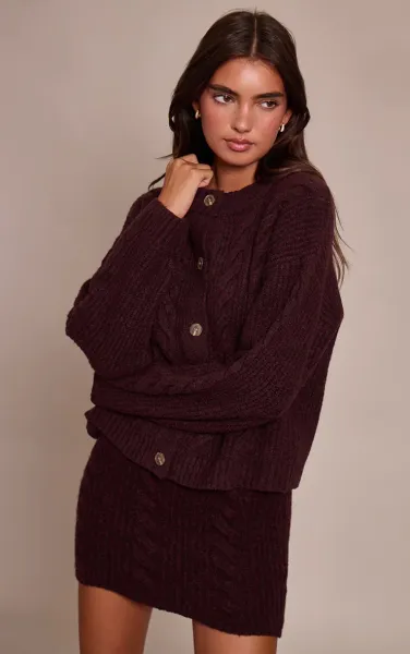 Chocolate Plum Cable Knit Button Through Cardigan