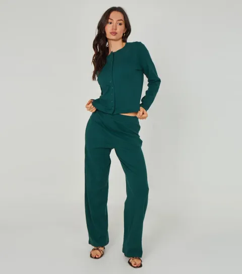 Khaki Ribbed Wide Leg Trouser