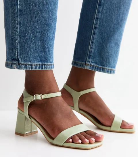 Light Green Faux Leather Square Toe Block Heel Sandals Vegan