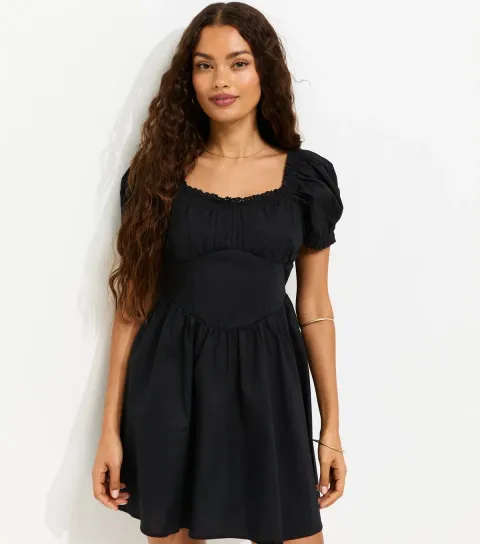 Petite Black Lace Trim Milkmaid Corset Waist Mini Dress