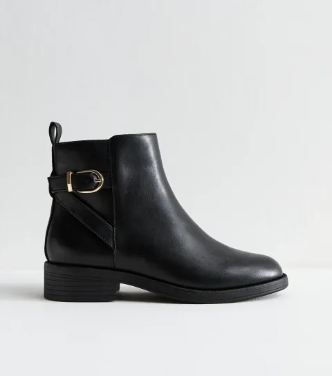 Wide Fit Black Faux Leather Buckle Detail Ankle Boots Vegan