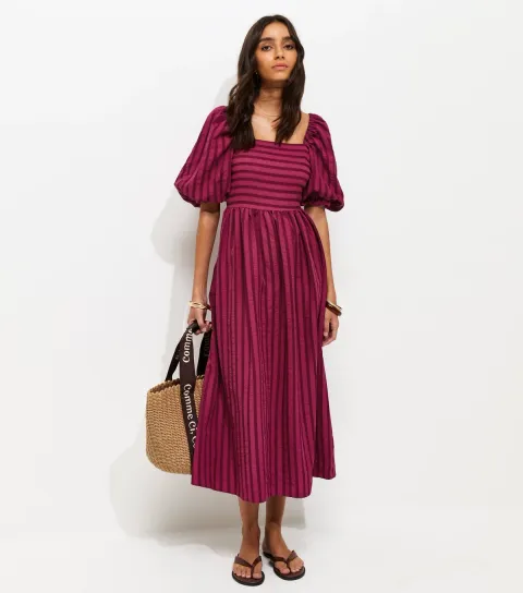 Dark Pink Puff Sleeve Striped Midi Dress