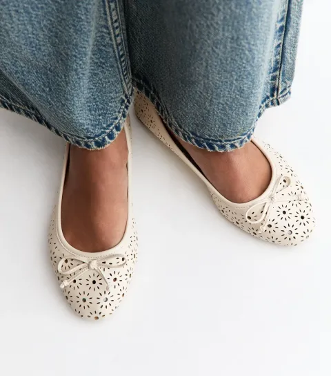 Extra Wide Fit White Floral Cutout Ballet Pumps Vegan