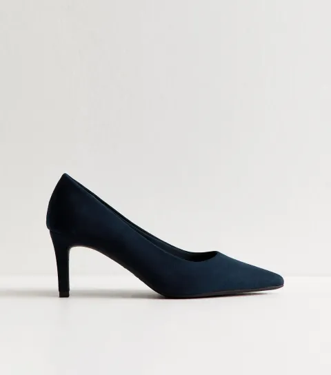 Navy Faux Suede Mid Stiletto Heel Court Shoes Vegan