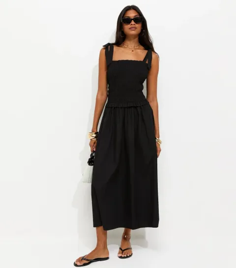 Black Cotton Shirred Tie Strap Midi Dress