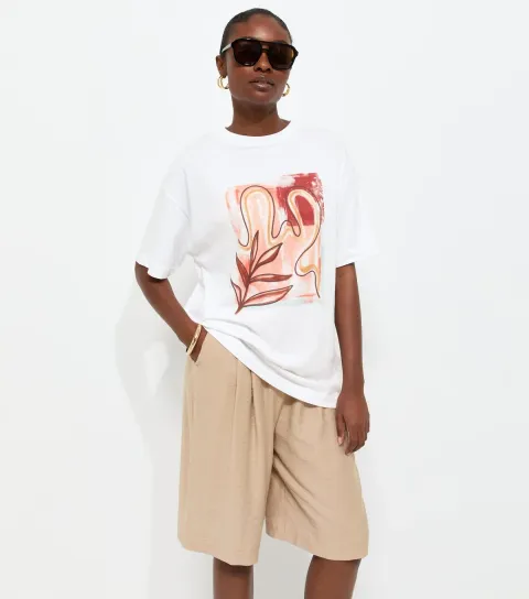 White Cotton Abstract Print Oversized T-Shirt