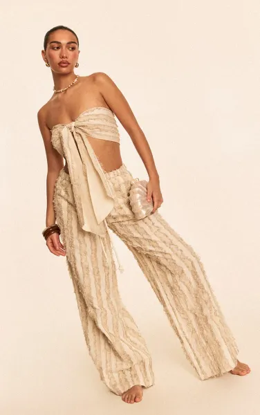 Stone Frayed Textured Wide Leg Beach Trousers