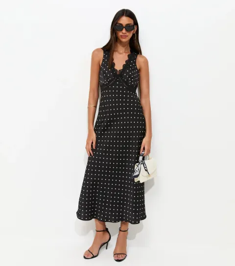 Black Satin Polka Dot Sleeveless Midi Dress