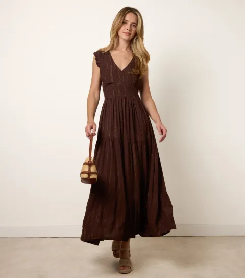 Dark Brown V Neck Tiered Midi Dress