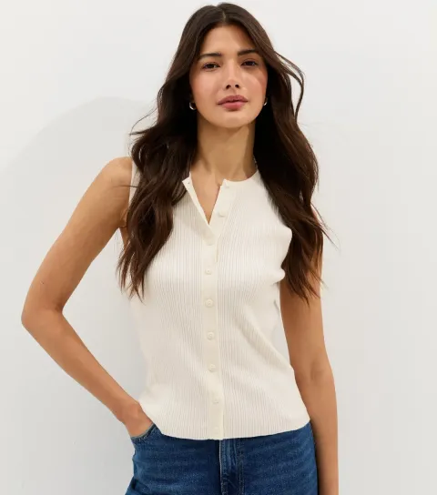 Cream Lightweight Rib Button Vest Top