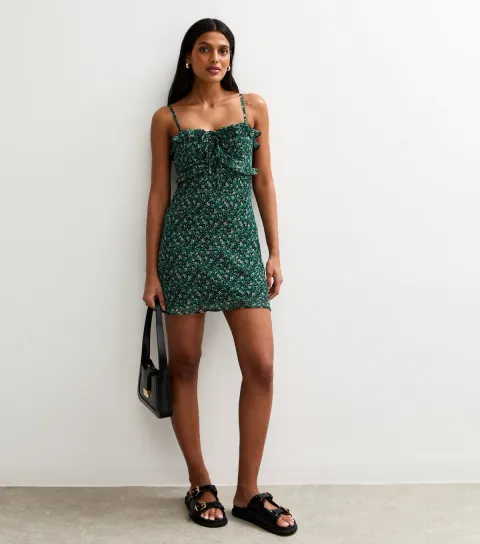 Green Chiffon Floral Print Strappy Mini Dress