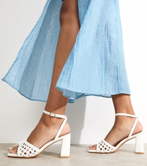 White Faux Leather Woven Strap Block Heel Sandals