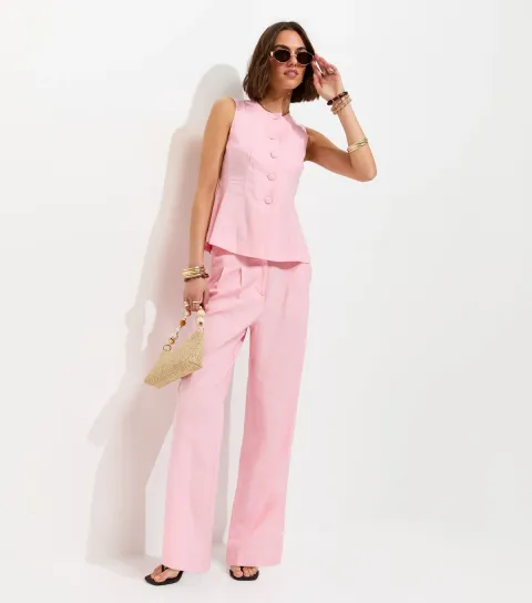 Pale Pink Linen Rich Tailored Trousers