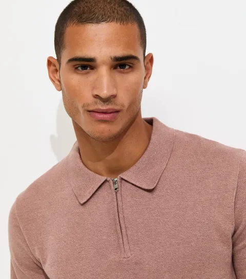 Light Pink Knitted Zip Front Polo Shirt