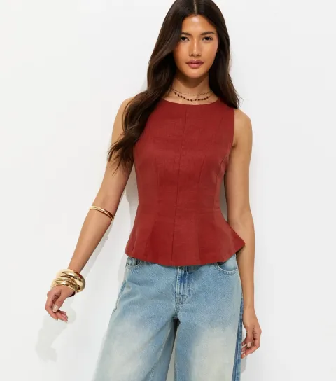 Red Linen Blend Peplum Top