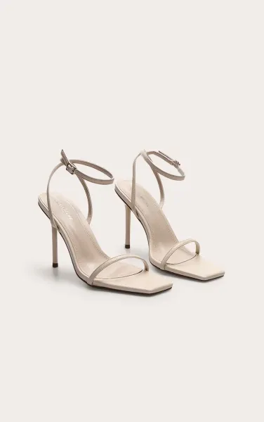 Cream Pu Square Toe Barley There High Heeled Sandals