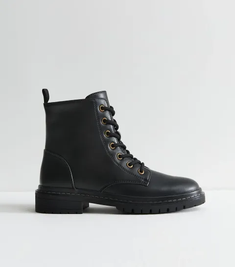 Black Faux Leather Stitch Trim Lace Up Ankle Boots Vegan