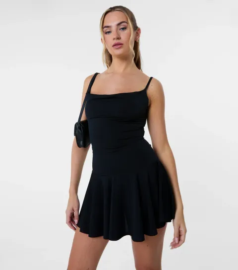 Black Strappy Flip Skirt Mini Dress