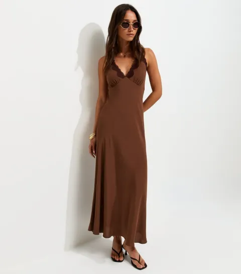 Dark Brown Lace Trim Halterneck Midi Dress