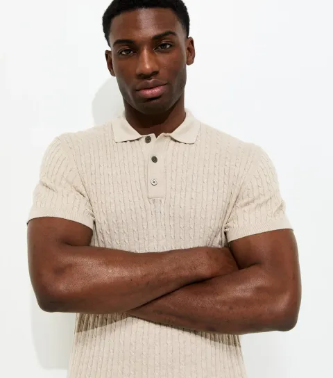 Oatmeal Regular Cable Knit Polo Shirt
