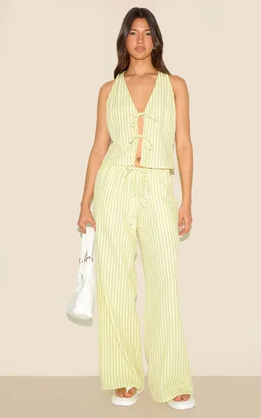 Lime Green Striped Tie Waist Straight Leg Trouser