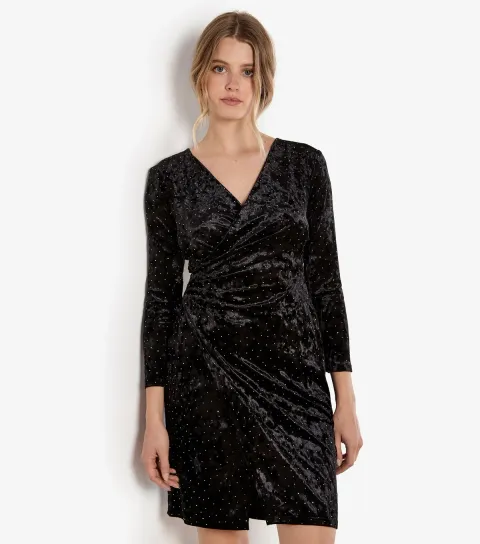 Black Velvet Diamante Wrap Mini Dress