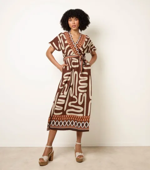 Brown Abstract Print Belted Midi Dress