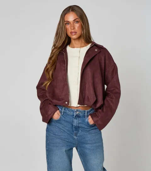 Dark Purple Faux Suede Bomber Jacket