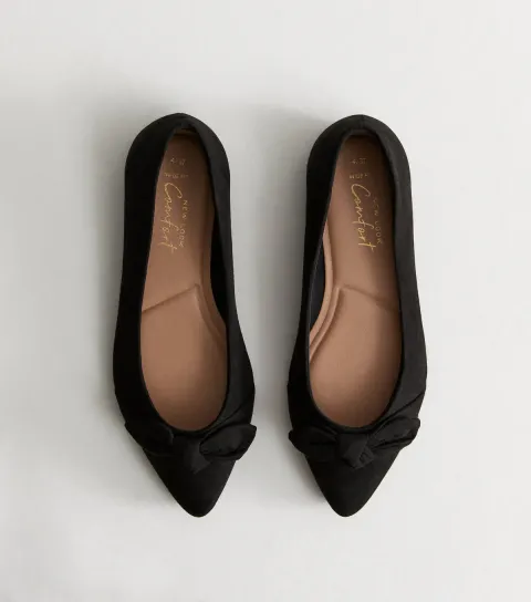 Wide Fit Black Suedette Bow Trim Ballet Flats Vegan
