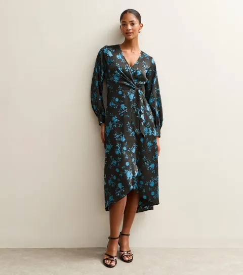 Blue Floral Satin Wrap Midi Dress