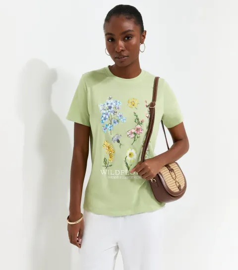 Light Green Cotton Wildflower Crew Neck T-Shirt