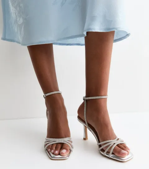 Silver Faux Leather Diamante Strap Stiletto Sandals Vegan