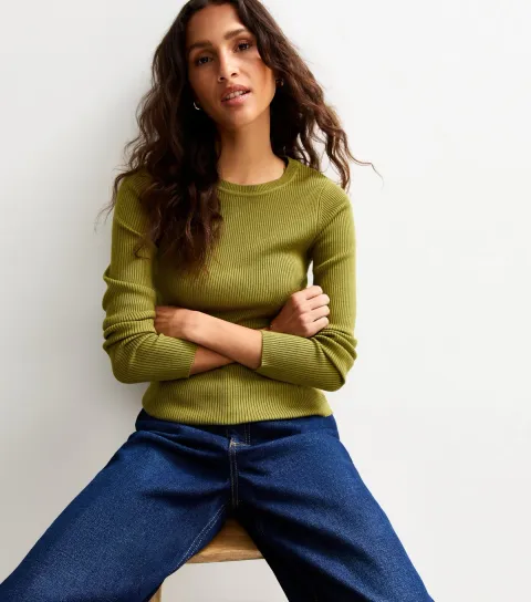 Green Ribbed Crew Neck Jumper