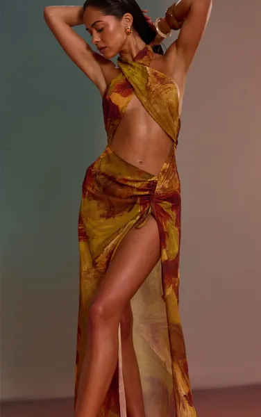 Green Abstract Print Halter Neck Chiffon Maxi Beach Dress