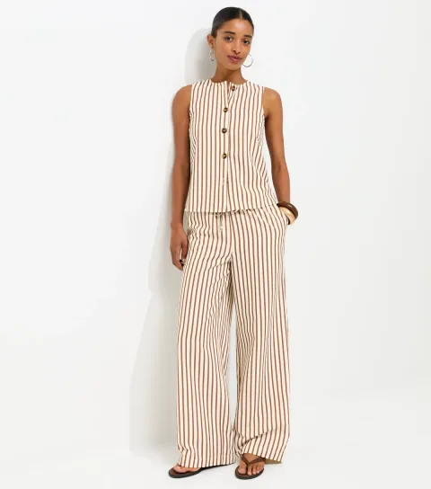 Brown Striped Seersucker Wide Leg Trousers