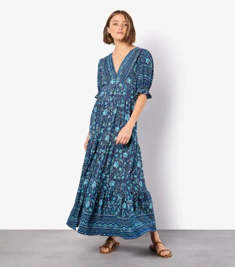 Blue Floral Border Print Midi Shirt Dress