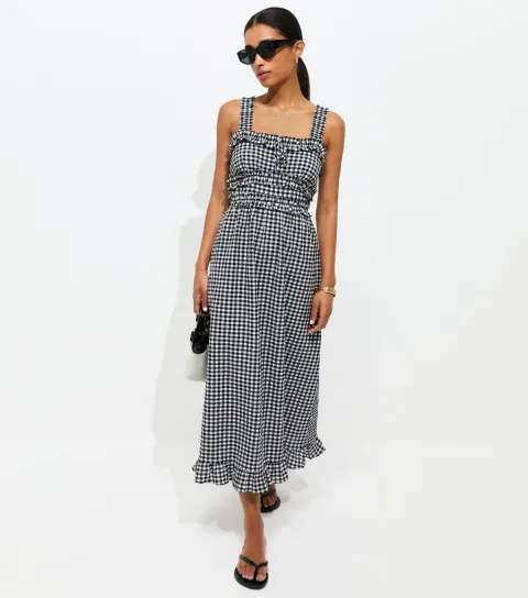 Black Crinkle Texture Frill Trim Gingham Midi Dress
