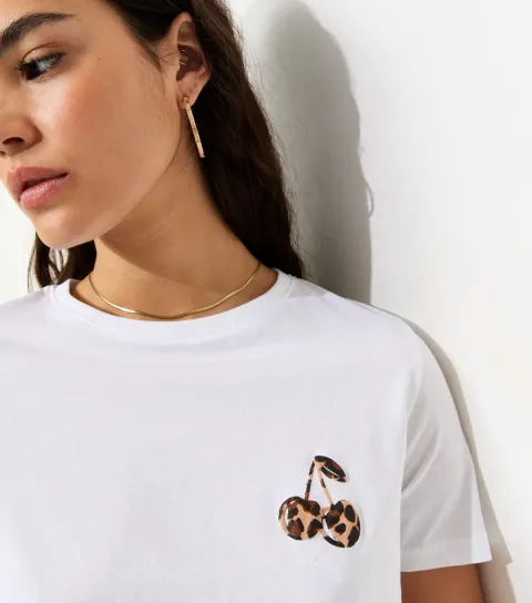 White Cotton Leopard Print Cherry T-Shirt