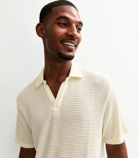 Cream Open Knit Resort Polo Shirt