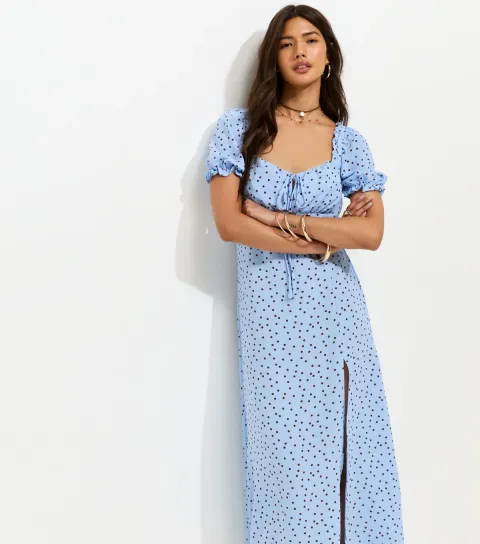 Blue Polka Dot Print Milkmaid Midi Dress