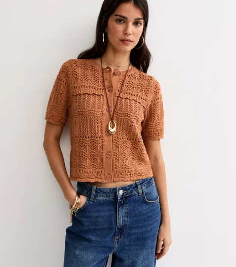 Orange Cotton Rich Patterned Knit Short Sleeve Cardigan