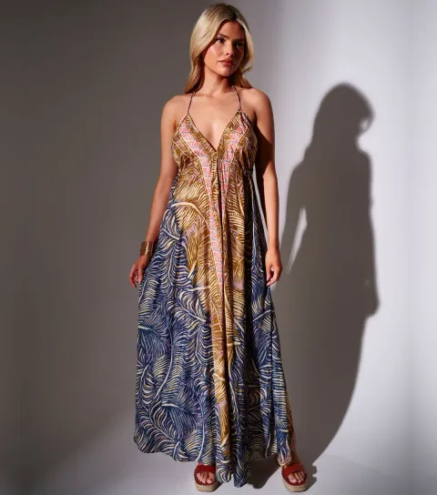 Brown Leaf Print Halterneck Maxi Dress